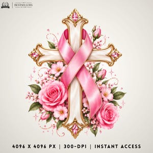 May include: A white and gold cross adorned with a pink awareness ribbon, surrounded by pink roses, small blossoms, and green leaves. The cross features gold filigree edges and pink gemstone accents at the top and bottom points.