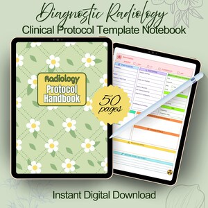 May include: Two digital tablets displaying a "Radiology Protocol Handbook" and a clinical protocol template. The handbook has a green floral pattern. The text "Diagnostic Radiology" and "Instant Digital Download" are visible.