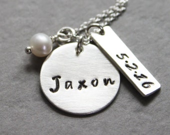 necklace name baby birthdate pearl gold personalized mommy mother mom custom birthstone push present silver