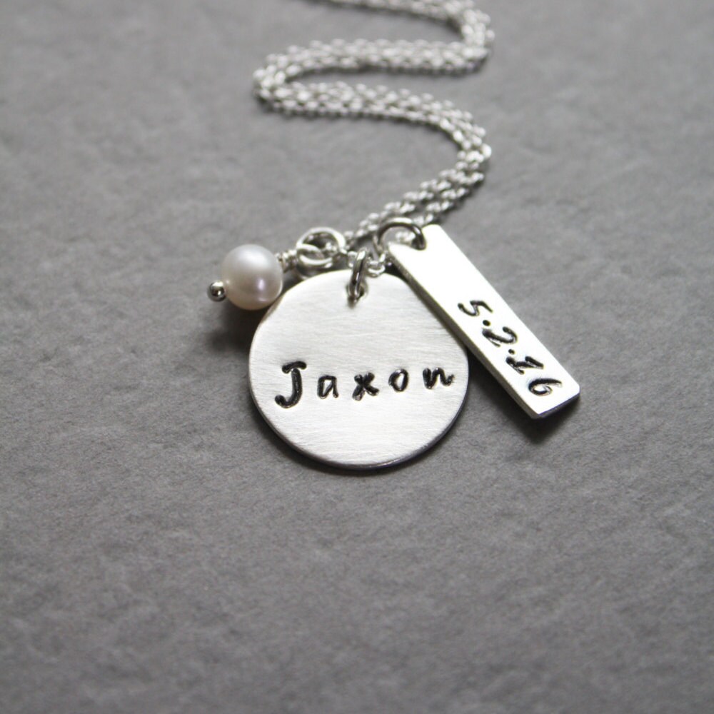 Silver Baby Name and Birthdate Necklace Personalized Etsy