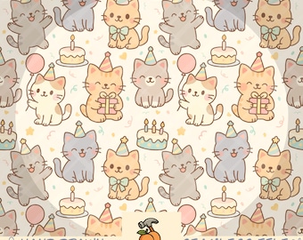 Birthday Cats Seamless Pattern | Digital Download PNG File (12x12in, 300 DPI)