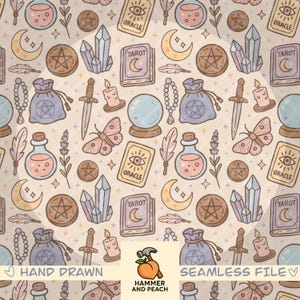 May include: A repeating pattern with hand-drawn illustrations of tarot cards, crystals, potion bottles, moons, moths, and other mystical elements in pastel colours. The text "HAND DRAWN" and "SEAMLESS FILE" are visible.