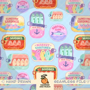 Colorful sardine cans seamless pattern(blue), hand drawn, kawaii summer png