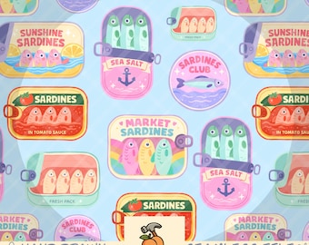 Colorful sardine cans seamless pattern(blue), hand drawn, kawaii summer png