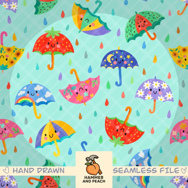 Kawaii Umbrella Seamless Pattern (mint)– Pastel Rainy Day Whimsical Print (PNG) image 1