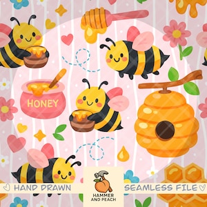 Modèle sans couture coloré de bourdons kawaii - Répétition de grille dessinée à la main d'abeilles (2 PNG)