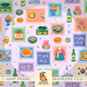 韓国の切手のシームレスなパターン（2 PNG） - パステルカラーの韓国アイコン手描きファイル