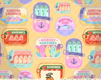 Sardine Cans Seamless Pattern(Yellow), Hand Drawn, Kawaii summer PNG