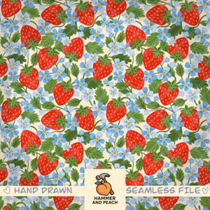 Naadloos patroon Maximalist Strawberry Vine – Lush Vintage Garden Repeat, handgetekende, 300 dpi