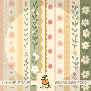 May include: A seamless digital file featuring vertical stripes with floral and decorative elements. The design includes stripes in shades of beige, green, and yellow, adorned with flowers, crosses, and scalloped edges. The text "HAND DRAWN" and "SEAMLESS FILE" are visible.