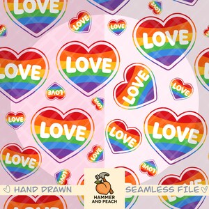 Puede incluir: Un patrón sin costuras con corazones en colores arcoíris con la palabra "LOVE" en blanco. El diseño incluye corazones grandes y pequeños sobre un fondo rosa claro. También se ven las palabras "HAND DRAWN" y "SEAMLESS FILE".
