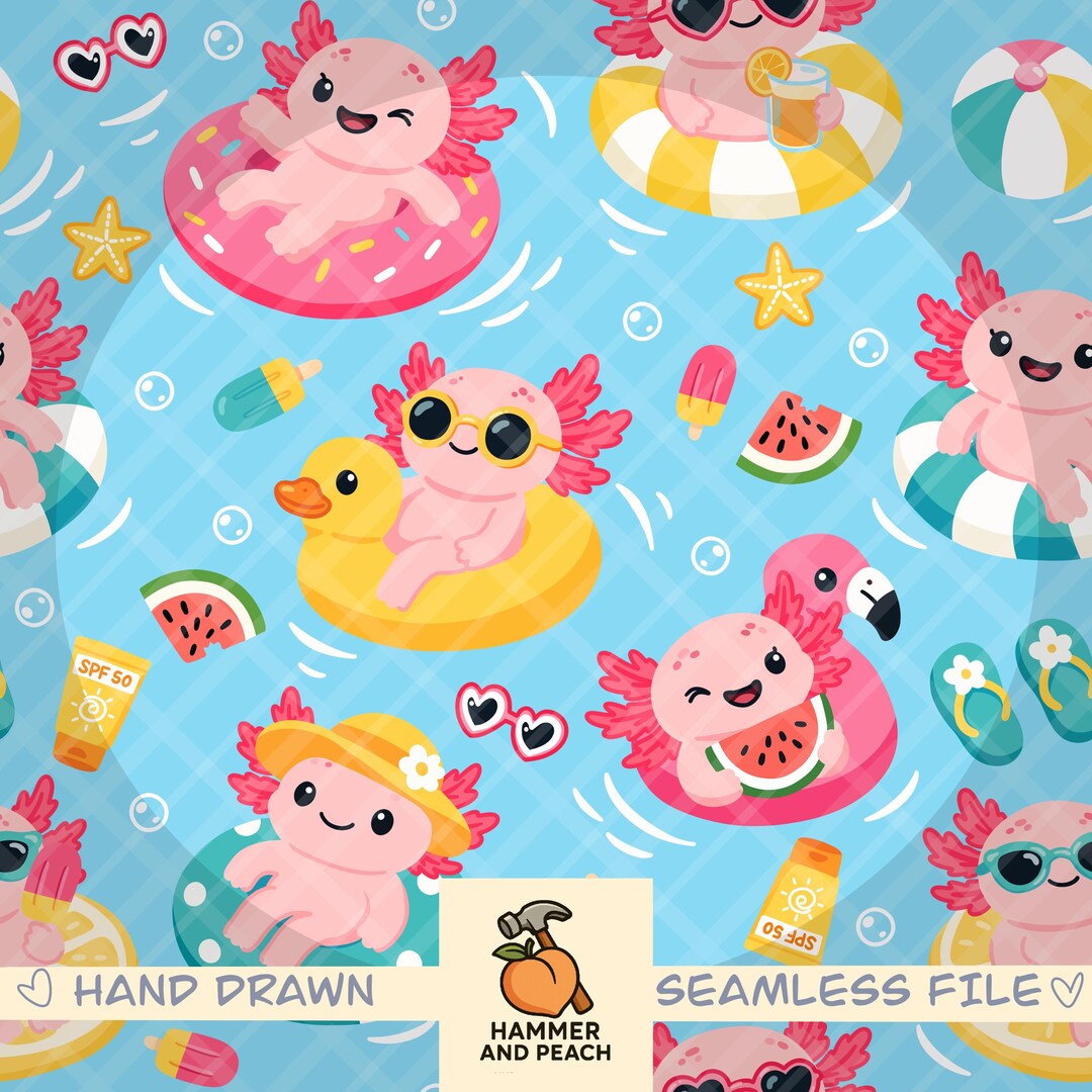 Tubing Axolotls Seamless Pattern(blue) | Summer Axolotl Digital Paper ...