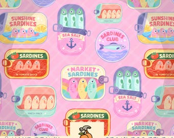 Patrón sin costuras de latas de sardinas coloridas (rosa), dibujado a mano, PNG de verano kawaii