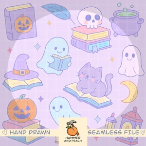 May include: A seamless pattern featuring hand-drawn Halloween-themed illustrations. Includes a pumpkin, witch hat, ghosts, skull, cauldron, cat, books, and a crescent moon. The text "HAND DRAWN" and "SEAMLESS FILE" are also present.
