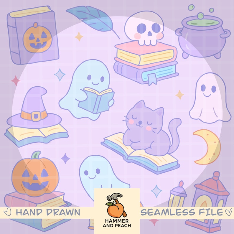 May include: A seamless pattern featuring hand-drawn Halloween-themed illustrations. Includes a pumpkin, witch hat, ghosts, skull, cauldron, cat, books, and a crescent moon. The text "HAND DRAWN" and "SEAMLESS FILE" are also present.