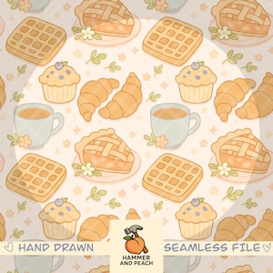 May include: A seamless pattern featuring waffles, muffins with blueberries, croissants, pie slices, and teacups. The design includes floral accents and the text "HAND DRAWN" and "SEAMLESS FILE". The color palette is soft, with warm tones.