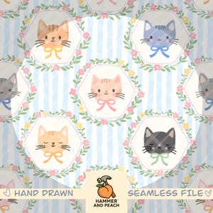 May include: Seamless pattern featuring cartoon cat faces in various colors, each with a bow, surrounded by floral wreaths on a striped blue and white background. The words "HAND DRAWN" and "SEAMLESS FILE" are also visible.