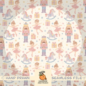 May include: A seamless pattern featuring illustrations of ballerinas in pink tutus, toy nutcrackers, rocking horses, and wrapped gifts on a cream background. The design includes small stars and hearts.