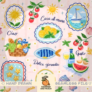 May include: A seamless pattern featuring Italian-themed illustrations. Includes a sun, sailboat, lemons, fish, wine, watermelon, and a picnic basket. The words "Ciao", "Casa al mare", "Gusto", and "Dolce giornata" are also present. The design is hand-drawn.