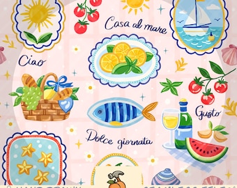 Summer in Positano Seamless Pattern – Coastal Italy, Mediterranean Design (PNG, 12×12", 300 DPI)