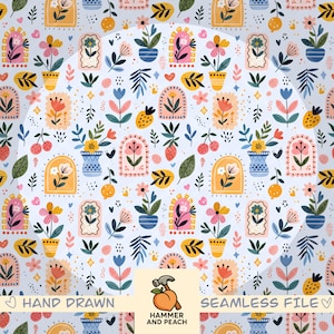 Whimsical Flower Seamless Pattern(Blue) – Playful Botanical Repeat, Hand Drawn(2PNG)