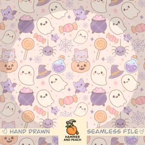 May include: A seamless pattern featuring Halloween-themed illustrations. The design includes ghosts, bats, cauldrons, candy, spiders, witch hats, potion bottles, and a cat in a pumpkin, all in soft pastel colors. The text "HAND DRAWN" and "SEAMLESS FILE" are also visible.