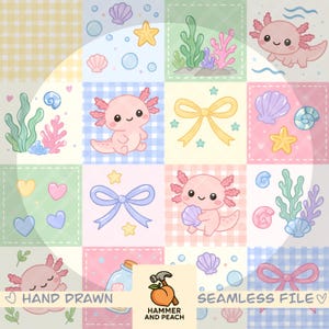 May include: A seamless pattern featuring a patchwork design with axolotls, bows, seashells, and aquatic plants. The color palette includes pastel pink, blue, yellow, and green. The words "HAND DRAWN" and "SEAMLESS FILE" are also present.