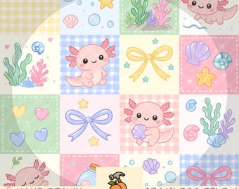 Kawaii Grid Style Axolotls Seamless Pattern | Pastel Axolotl Digital Paper | Checker Layout Repeat Design