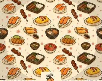 Yummy Japanese Food Seamless Pattern | Kawaii Sushi Digital Paper (PNG Digital Download)