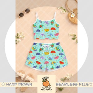 Kawaii Umbrella Seamless Pattern (mint)– Pastel Rainy Day Whimsical Print (PNG) image 3