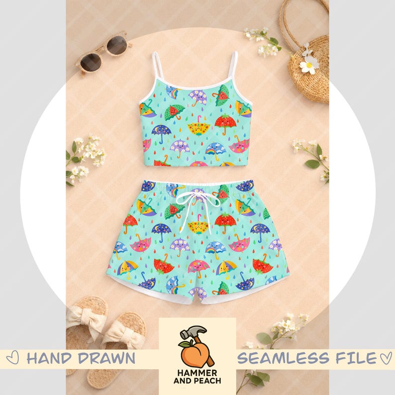 Kawaii Umbrella Seamless Pattern (mint)– Pastel Rainy Day Whimsical Print (PNG) image 3