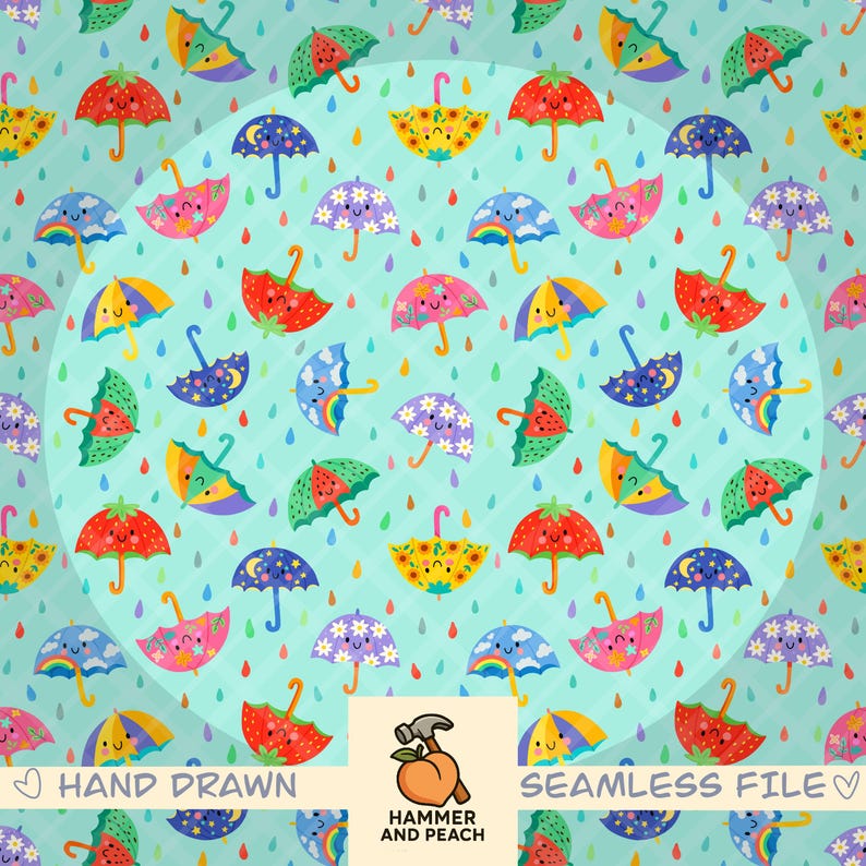 Kawaii Umbrella Seamless Pattern (mint)– Pastel Rainy Day Whimsical Print (PNG) image 5