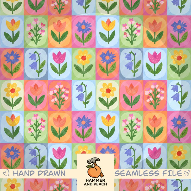 Op de afbeelding: Een kleurrijk, handgetekend naadloos patroon met bloemen in rechthoekige blokken. De bloemen omvatten tulpen, madeliefjes en klokjes in geel, roze, blauw en oranje. De tekst "HAND DRAWN" en "SEAMLESS FILE" zijn ook zichtbaar.