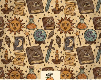 May include: Seamless pattern featuring occult symbols like books, swords, suns, moons, and potion bottles. The design includes the text "OCCULT", "HAND DRAWN", and "SEAMLESS FILE". The color palette is warm, with shades of brown, orange, and blue.