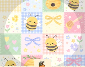 Naadloos Kawaii-hommelpatroon – honingbij handgetekende herhaling raster (2 png)
