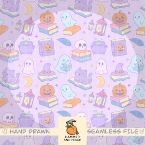May include: Seamless Halloween-themed pattern featuring pumpkins, ghosts, cats, books, cauldrons, moons, and lanterns in shades of purple, orange, and blue. The words "Hand Drawn" and "Seamless File" are also present.