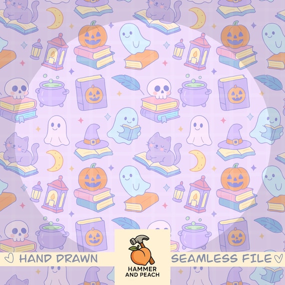 Bookish Halloween Pattern: Pastel Spooky PNG, Fabric Design (Digital Paper, 12x12in, 300 DPI)