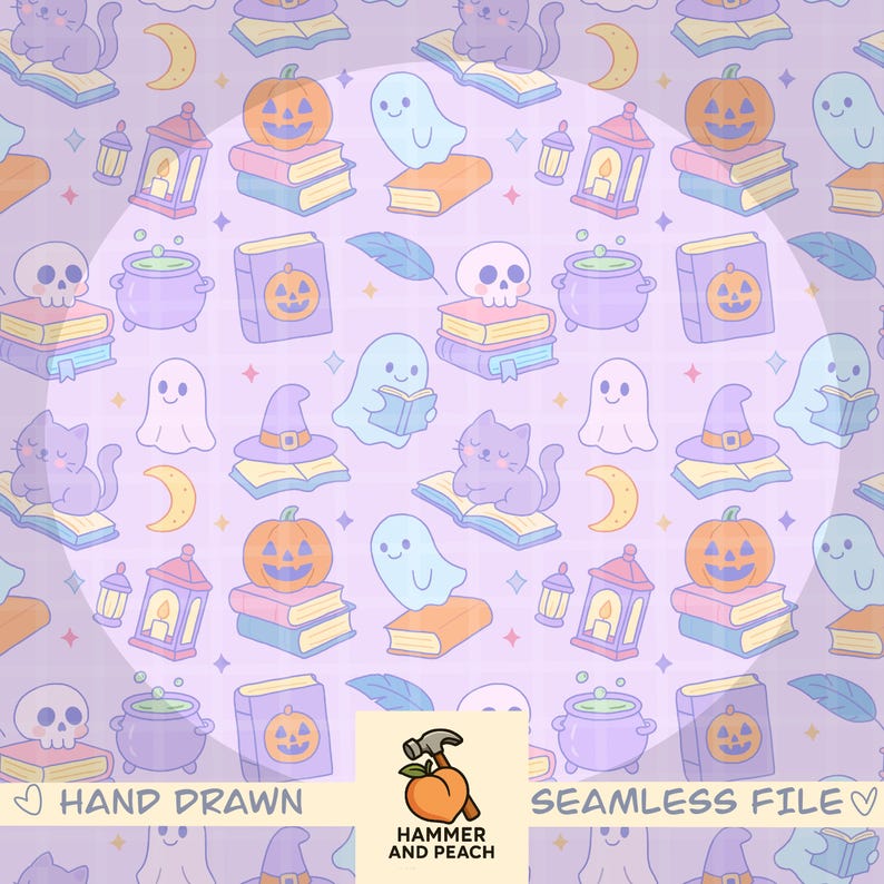 May include: Seamless Halloween-themed pattern featuring pumpkins, ghosts, cats, books, cauldrons, moons, and lanterns in shades of purple, orange, and blue. The words "Hand Drawn" and "Seamless File" are also present.
