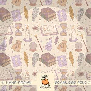 May include: Seamless pattern featuring hand-drawn illustrations of mystical elements. Includes books, tarot cards, hourglasses, candles, wands, potion bottles, crystals, and sage bundles in a soft color palette.