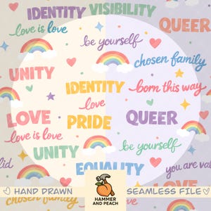Puede incluir: Archivo digital sin costuras con un patrón repetitivo de ilustraciones de arcoíris, corazones, estrellas y frases como "Amor", "Orgullo" e "Igualdad". El diseño incluye el texto "Identidad", "Queer" y "Sé tú mismo."
