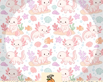 Kawaii axolotls seamless digital pattern | hand drawn png
