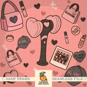 May include: A hand-drawn, seamless file illustration featuring various pink and black accessories. Includes handbags, a baseball cap with "BLINK" text, a heart-shaped light stick, and lipstick. The image has the text "HAND DRAWN" and "SEAMLESS FILE".