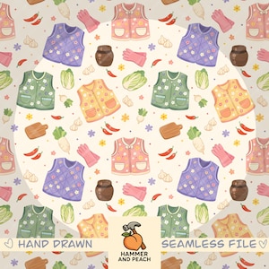 May include: A seamless pattern featuring hand-drawn illustrations of colorful vests, vegetables, gloves, and jars. The vests are in shades of pink, yellow, green, and purple. Other elements include garlic, radishes, chili peppers, and cutting boards. The text "HAND DRAWN" and "SEAMLESS FILE" are also present.