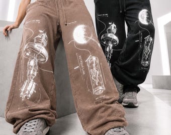 Pantalones deportivos extragrandes del Proyecto Ave María, joggers negros lavados con el diseño de la nave Ave María, pantalones de estilo urbano de películas de ciencia ficción espacial, regalo para fans de Ryan Gosling.