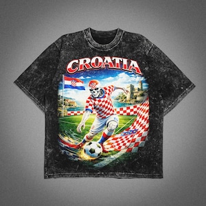 World Cup 2026 CroatiaT-Shirt, Croatia Soccer Graphic Tee, Checkerboard Football Shirt, Unisex T-Shirt, Croatian Fan Gift, Streetwear Tee. washed black