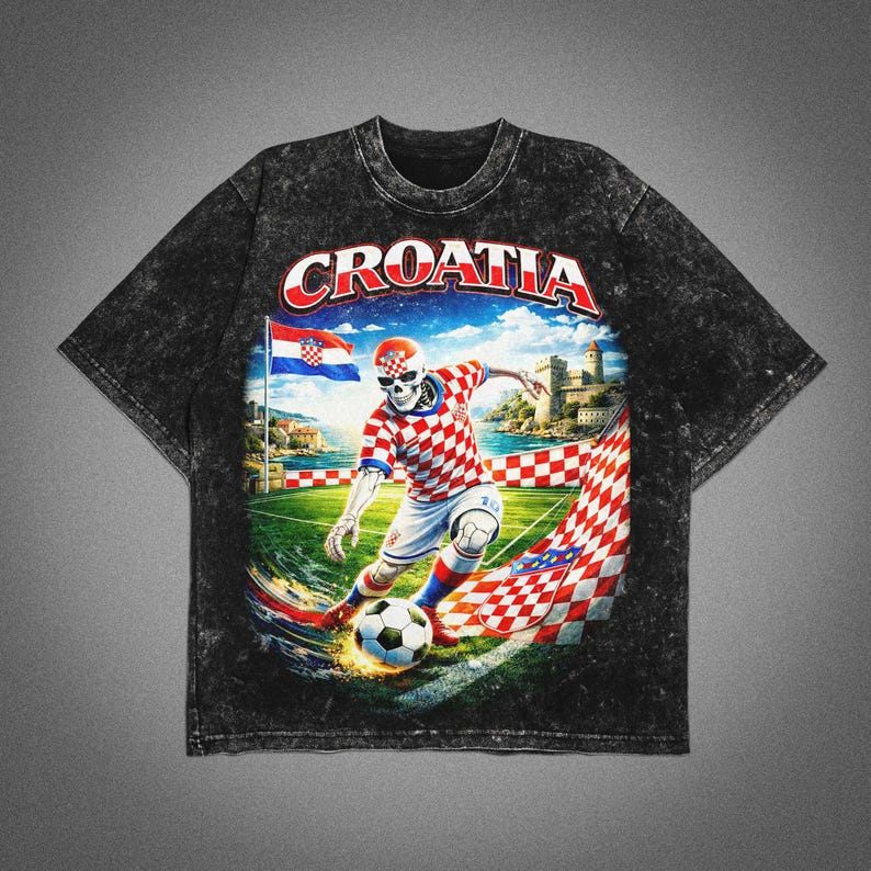 World Cup 2026 CroatiaT-Shirt, Croatia Soccer Graphic Tee, Checkerboard Football Shirt, Unisex T-Shirt, Croatian Fan Gift, Streetwear Tee. washed black