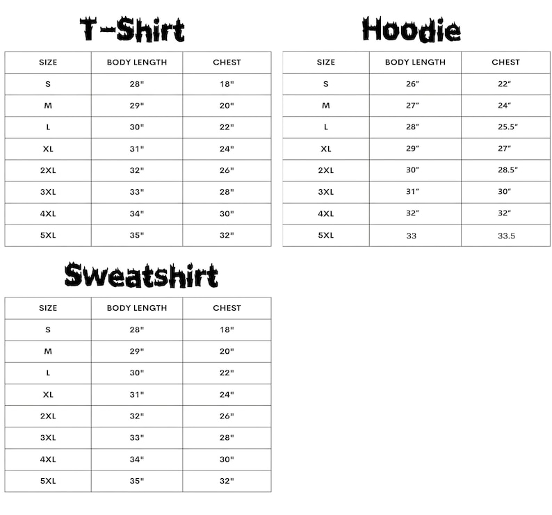Peut inclure: Tableaux de tailles d&eacute;taill&eacute;s pour t-shirts, sweats &agrave; capuche et sweatshirts. Les mesures de longueur du corps et de la poitrine sont indiqu&eacute;es en pouces, avec des tailles allant de S &agrave; 5XL. Les mots "T-Shirt", "Hoodie" et "Sweatshirt" sont en haut.