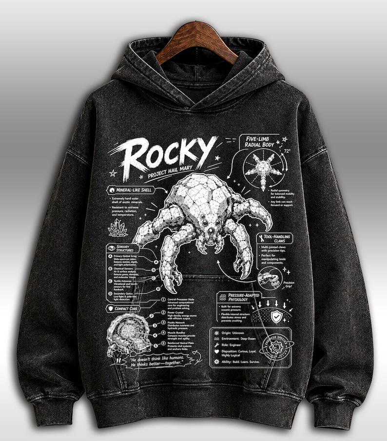 May include: A black hoodie with a detailed graphic design. The design features the word "Rocky", an illustration of a creature, and scientific annotations. The design includes text and diagrams, creating a unique aesthetic.