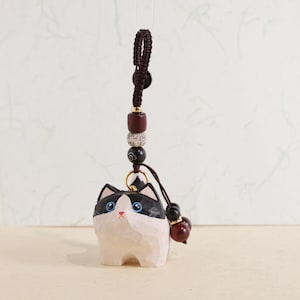 Handmade Wooden Carving Cat Keychains, Wooden Cat Ornaments, Creative And Cute Car Charm, Hand Craft wood art, Tuxedo Cat