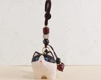 Handmade Wooden Carving Cat Keychains, Wooden Cat Ornaments, Creative And Cute Car Charm, Hand Craft wood art, Tuxedo Cat